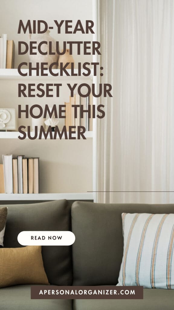 A cozy living room with a green sofa, striped pillow, books on shelves, and a curtain. Overlaid text reads: "Mid-year Declutter Checklist: SUMMER RESET Your Home." A button below says "Read Now.