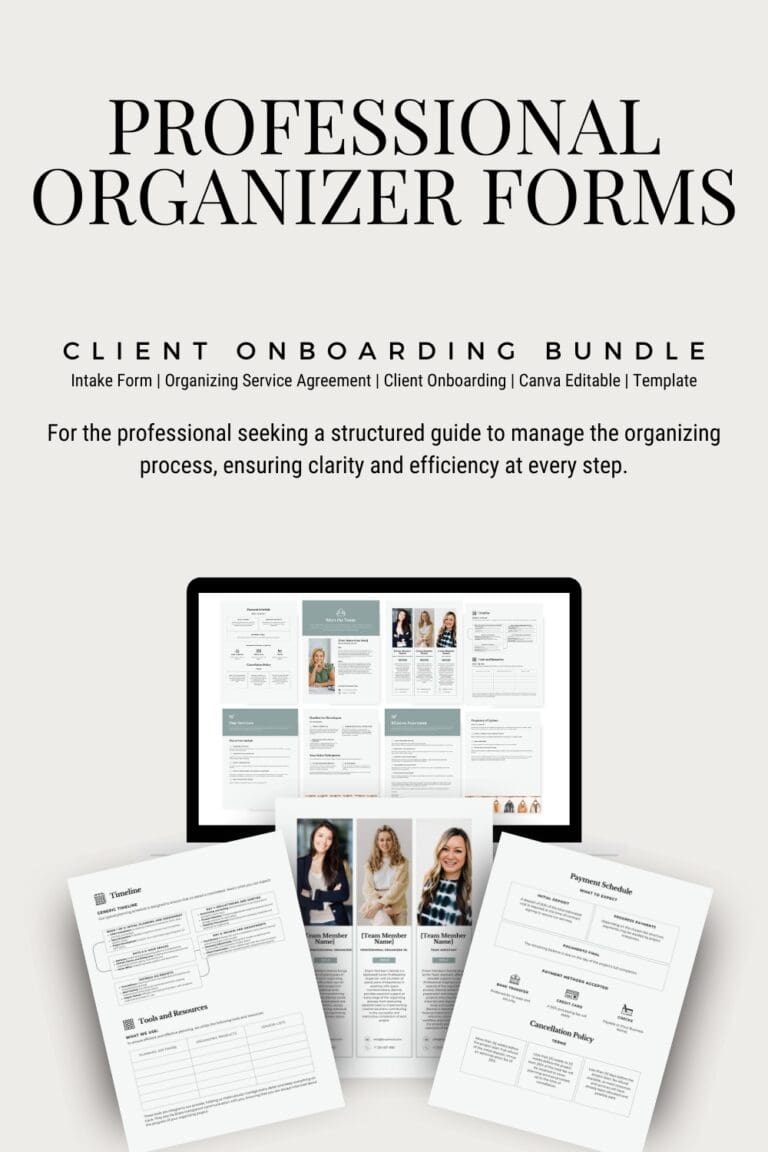 A promotional image for "Professional Organizer Forms: Client Onboarding Bundle," from an organizing printables shop, featuring a computer screen and printed forms with templates, photos, and text samples for organizing services.