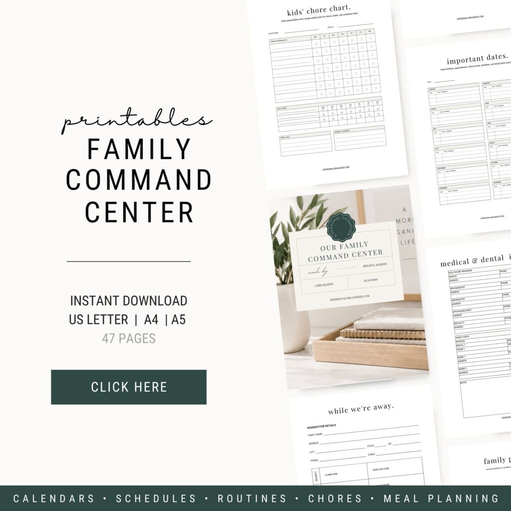 Printable Family Command Center advertisement showing organized sheets for chores, schedules, a weekly reset routine, and planning. Text highlights 47 downloadable pages, a green “Click Here” button, and page previews are displayed. Printable Family Command Center advertisement showing organized sheets for chores, schedules, a weekly reset routine, and planning. Text highlights 47 downloadable pages, a green “Click Here” button, and page previews are displayed.